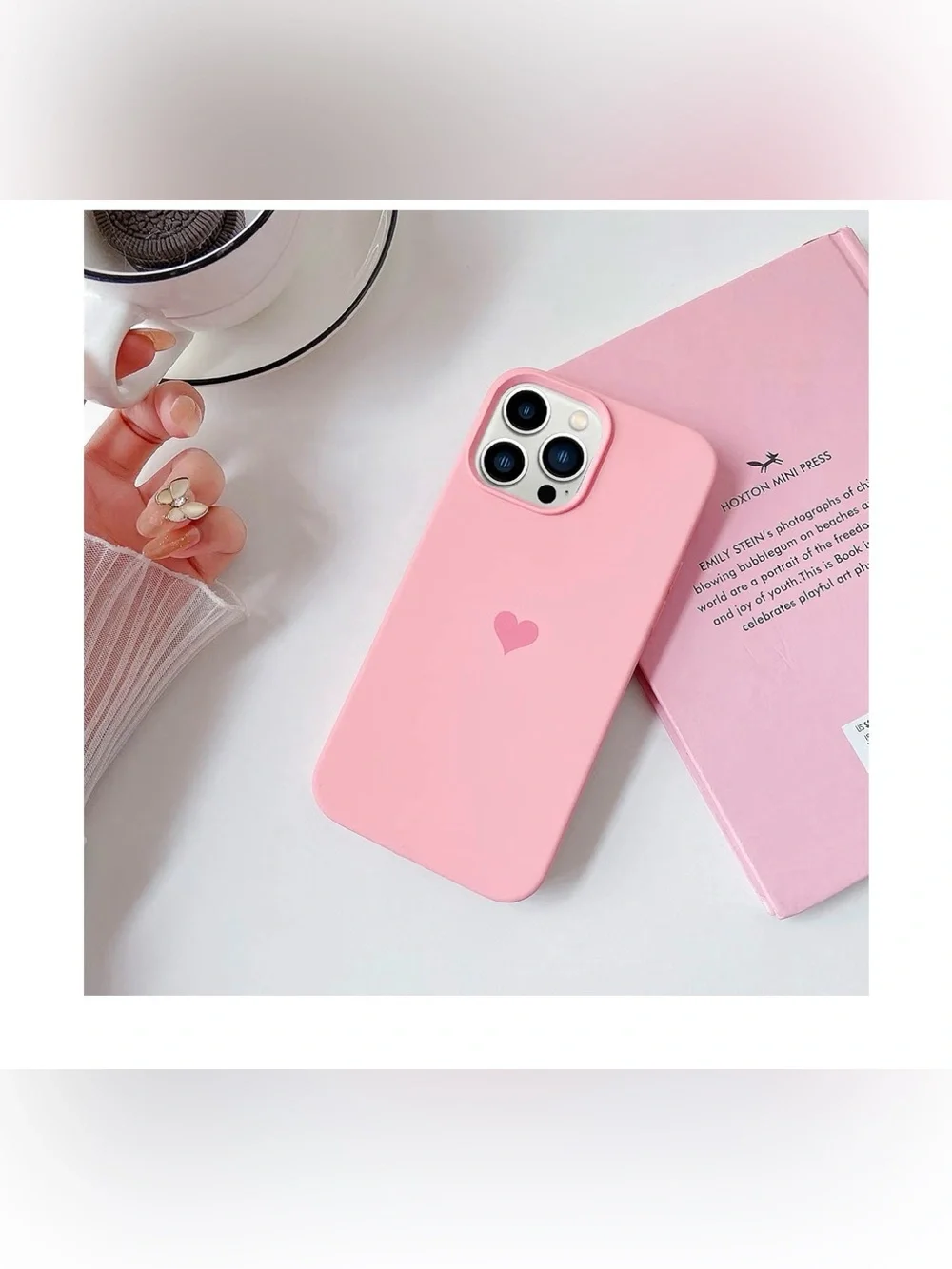 Pink Silicone iPhone 14 Pro Max Case with Heart Accent